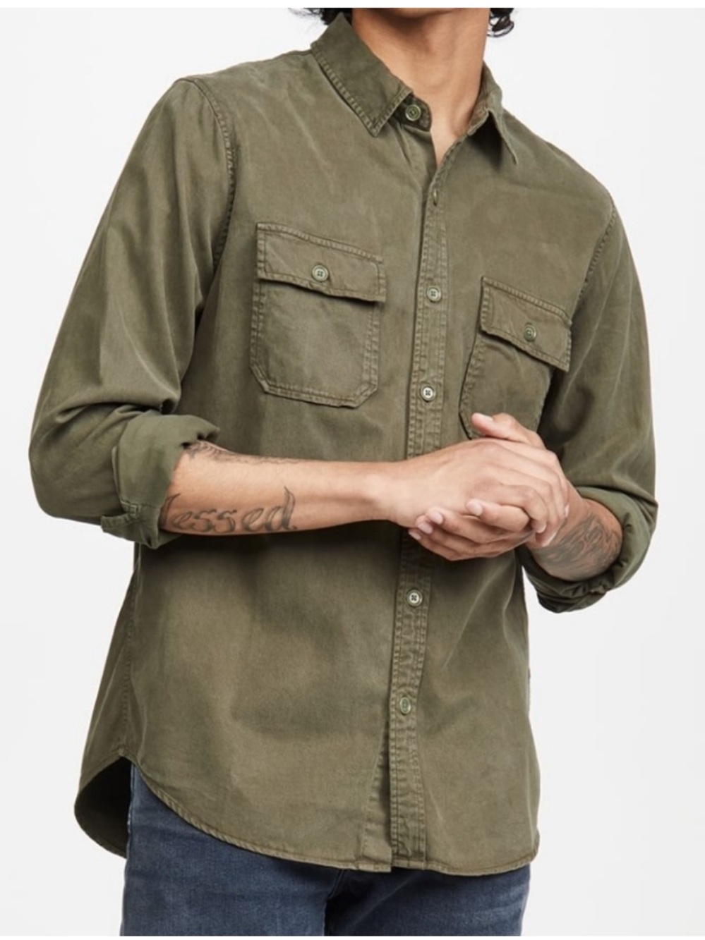 FRAME Olive Army Green Double Pocket Shirt Button Down Lyocell Brushed Cotton XS